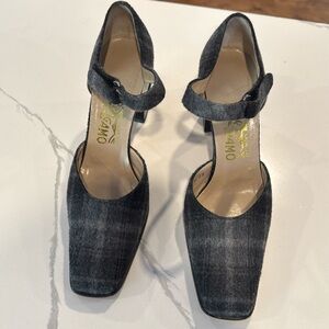 Salvatore Ferragamo Grey Wool Plaid Print Ankle Strap Heels Shoes